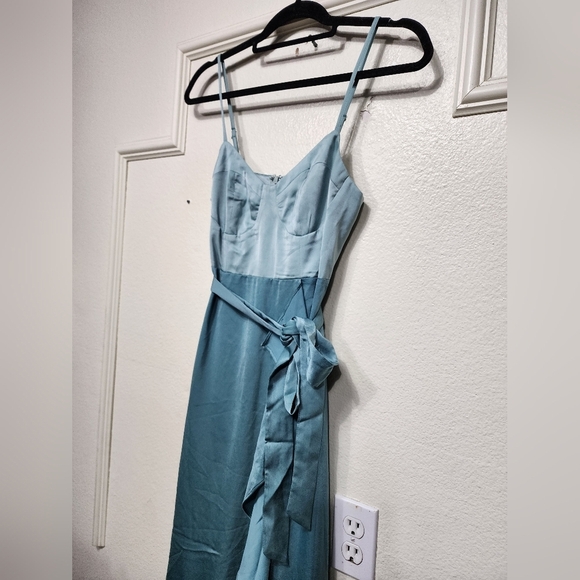 Lulus Double Darling Sage Green Color Block Satin Ruffled Maxi Dress Wedding - Picture 7 of 9